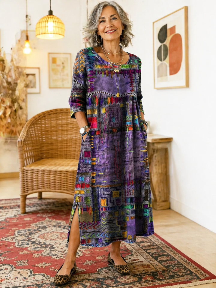Manuela | Vestido Denim con Patchwork Étnico