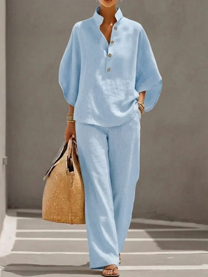Conjunto de lino con mangas murciélago y pantalón ancho